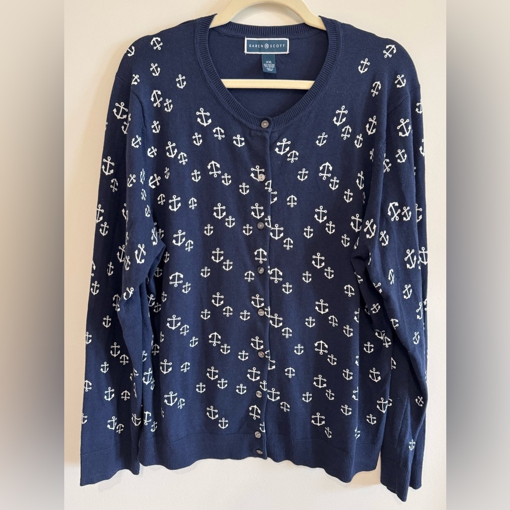 Karen Scott Nautical White Anchor Print Navy Blue Cardigan Sweater Size XXL